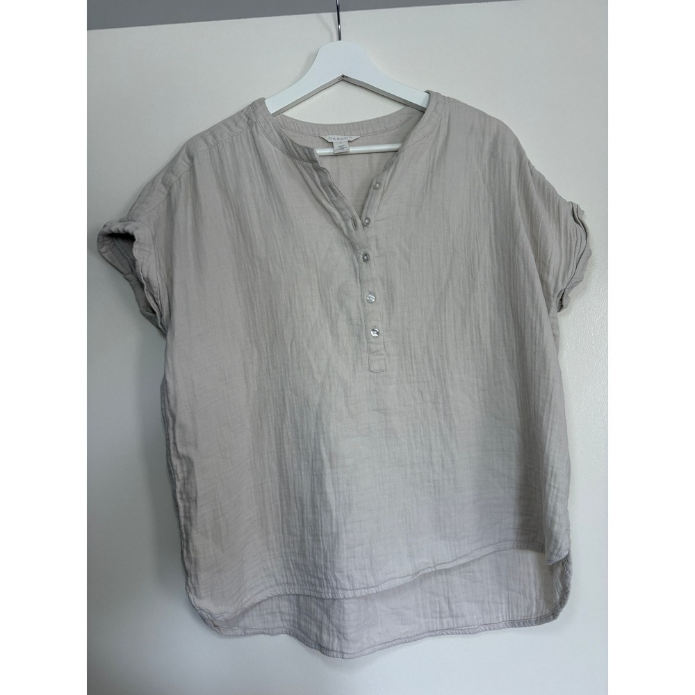 NEW Caslon Henley Gauze Top Small Beige Short Sleeve Cotton Button Front Relaxed